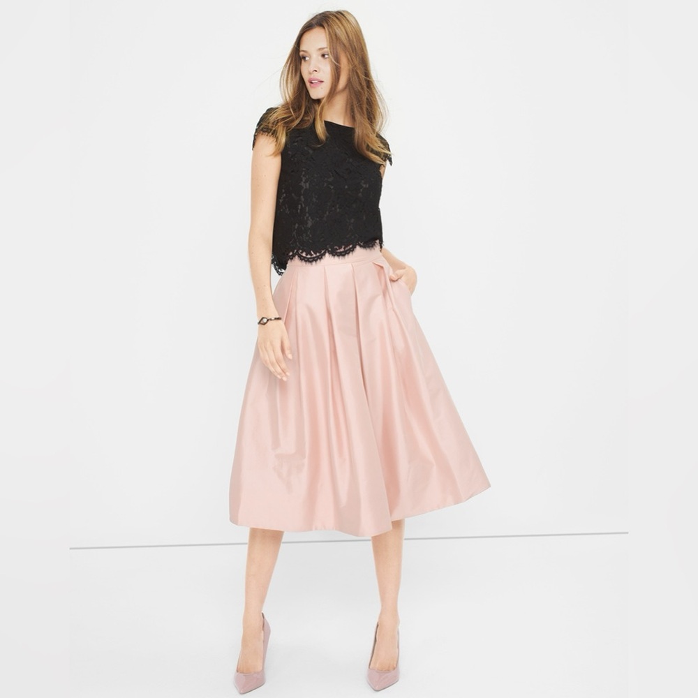 NEW White House Black Market Elegant Pink Taffeta Midi Skirt